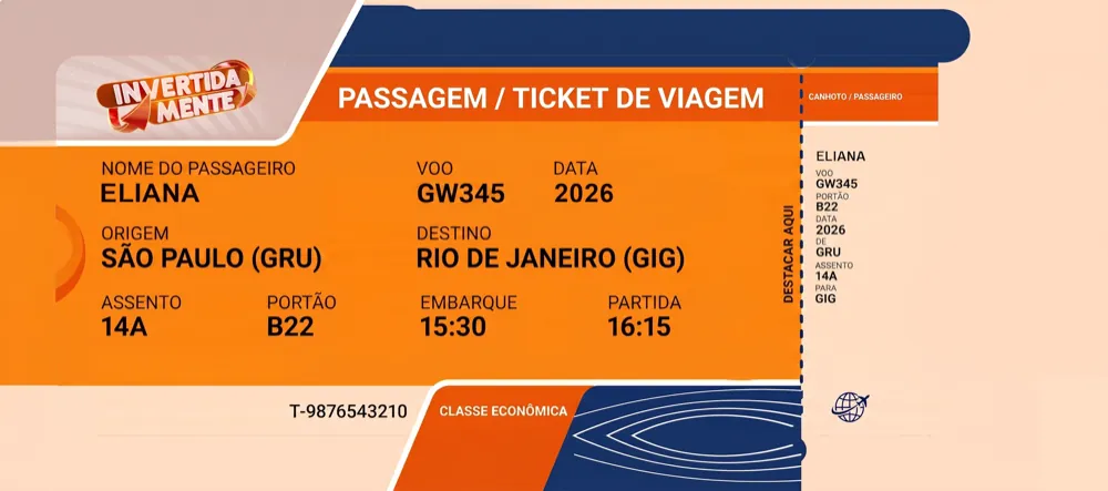 Passagem aérea laranja e azul com nome Eliana, de São Paulo para o Rio de Janeiro