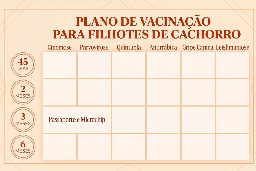 Pôster creme com tabela: Plano de vacinação para filhotes de cachorro