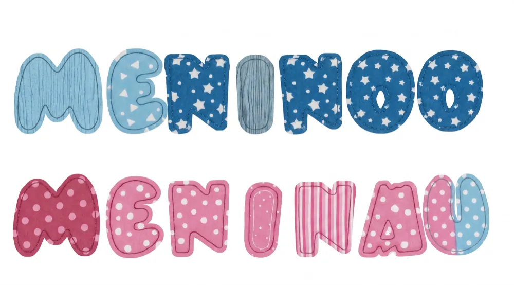 Letras de varal estampadas em rosa e azul: Meninoo, Meninaa