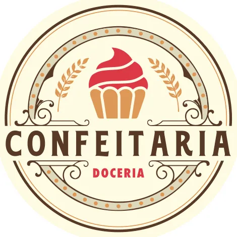 Selo redondo Confeitaria Doceria com cupcake rosa e ramos de trigo