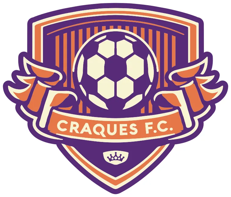Escudo roxo e laranja do Craques F.C. com bola de futebol e faixa