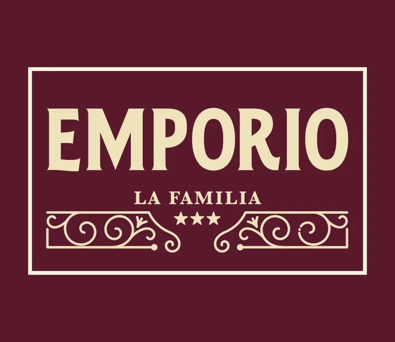 Placa retangular vinho com Emporio La Familia em letras creme e arabescos