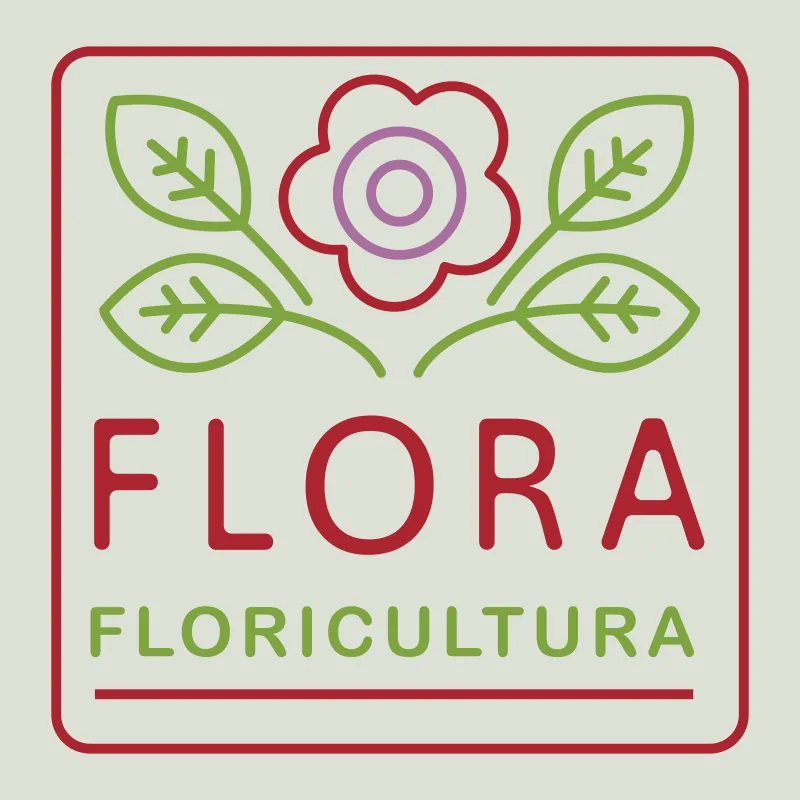 Logo Flora Floricultura: flor rosa e folhas verdes em moldura vermelha