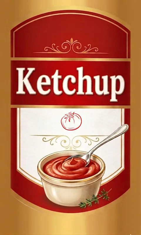 Rótulo de ketchup vermelho e dourado com tigela de molho