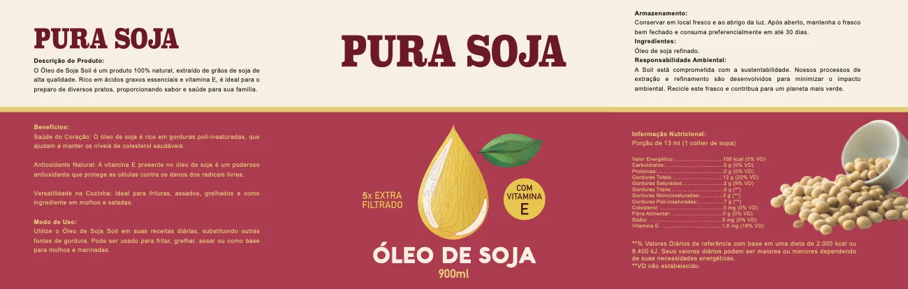 Rótulo horizontal do óleo Pura Soja, creme e vinho, com gota dourada e grãos de soja