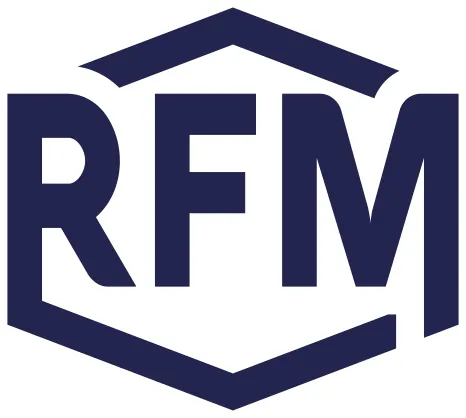 Logo RFM em azul-marinho dentro de um hexágono aberto