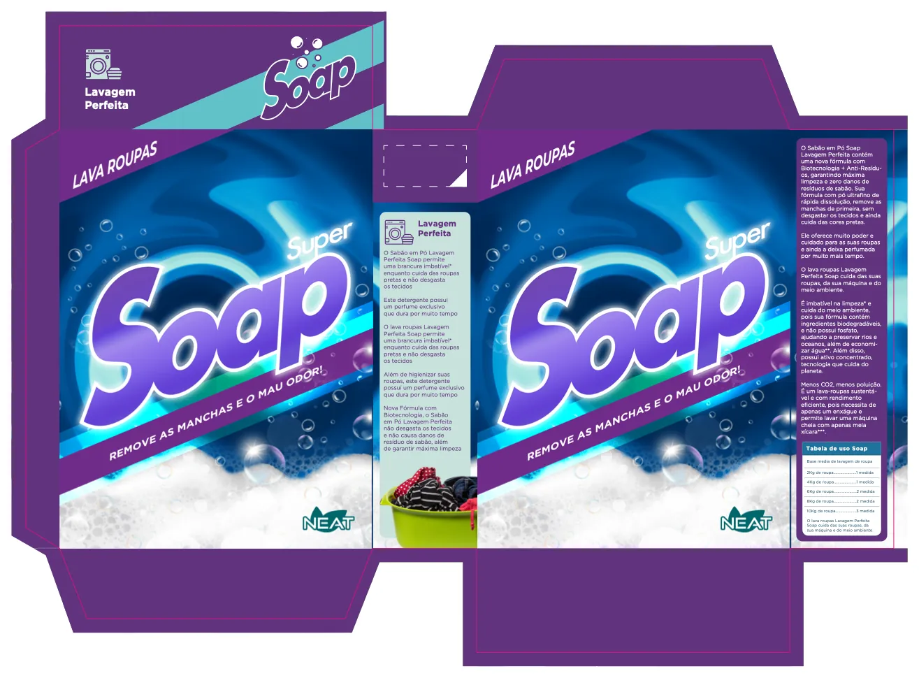 Caixa de sabão em pó Soap planificada, roxa e azul, com roupas