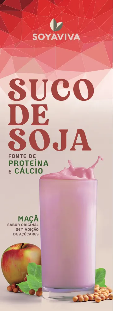 Embalagem Soyaviva: Suco de soja, maçã, com copo de suco rosa, maçãs e grãos