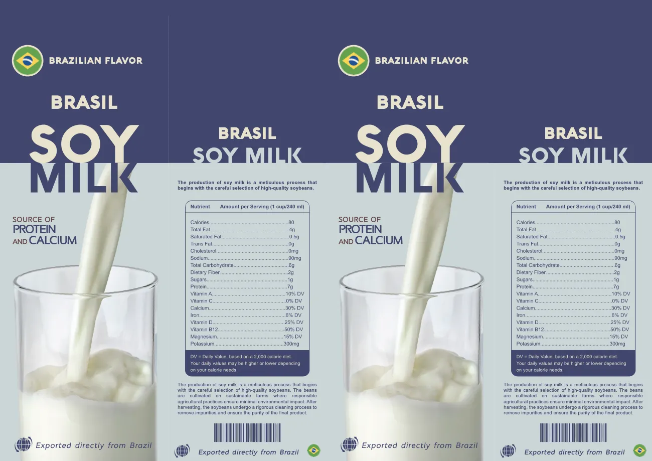 Embalagem planificada de leite de soja Brasil Soy Milk, azul-marinho, com copo de leite e tabela nutricional
