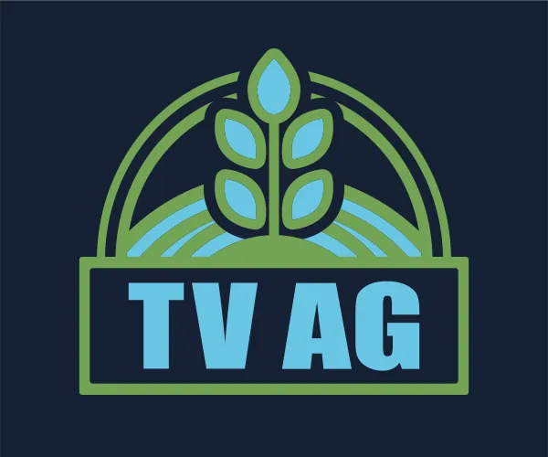 Logo TV AG em azul-claro sobre fundo marinho, com planta e arco verde