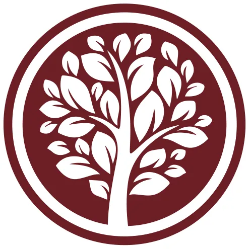 Logo redondo vinho com árvore de folhas brancas