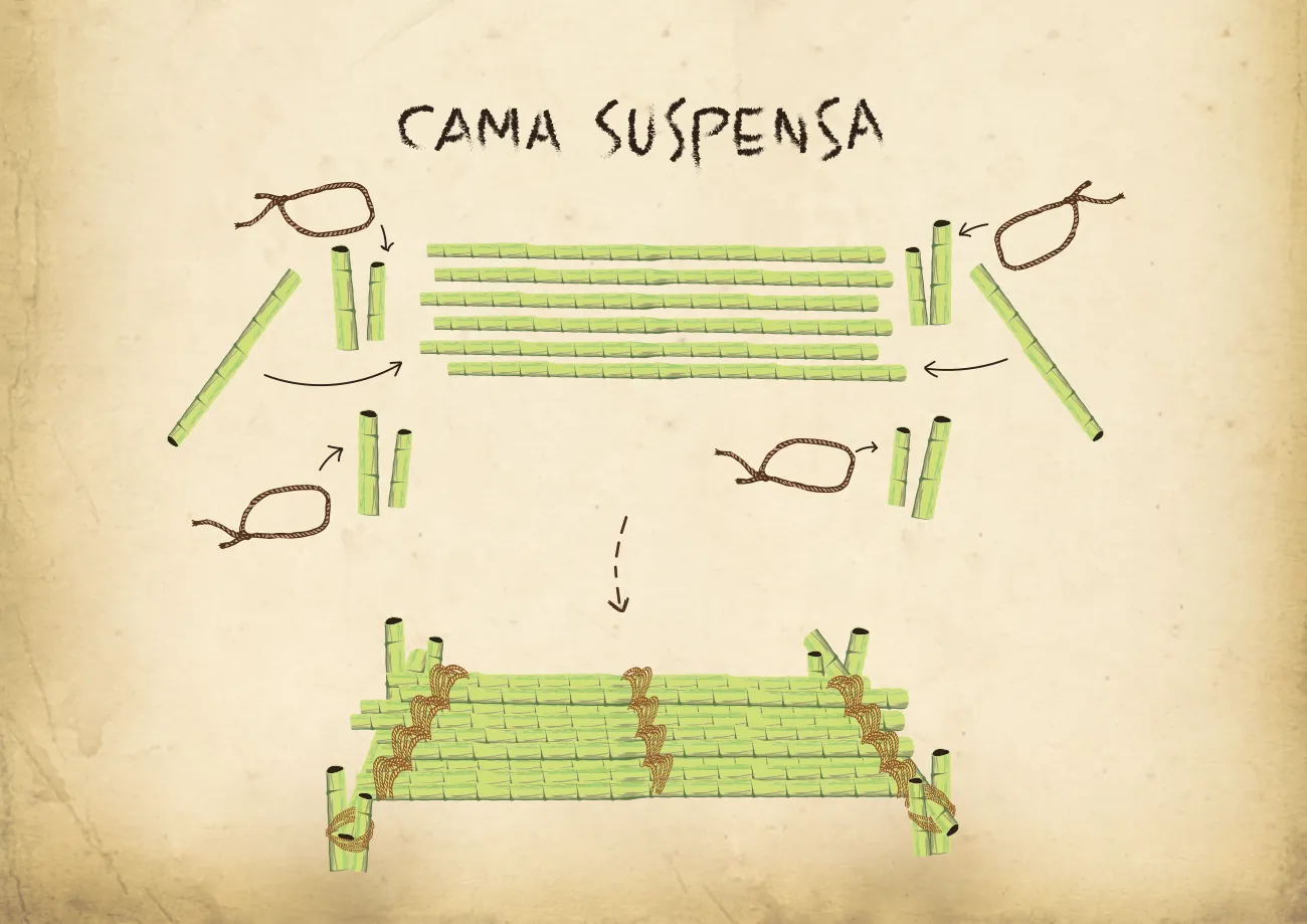 Página ilustrada: Cama suspensa feita de varas amarradas