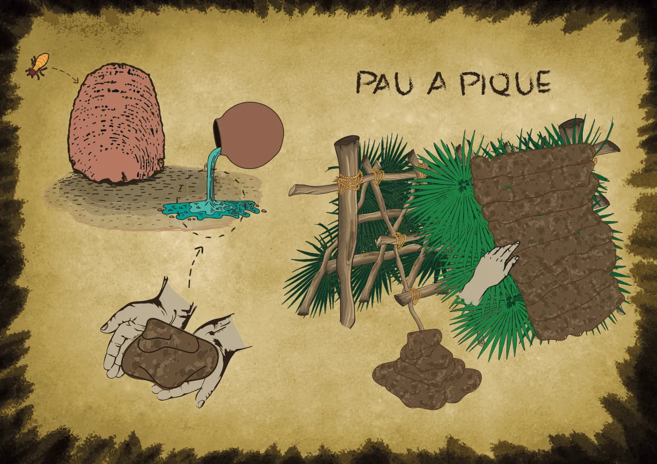 Página ilustrada sobre papel envelhecido: Pau a pique, barro, trama de varas e mãos