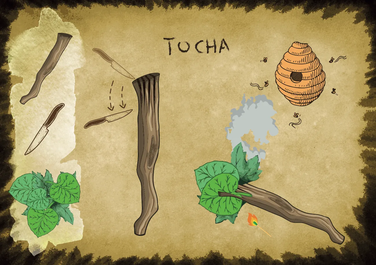 Página ilustrada: Tocha, com graveto, folhas e colmeia