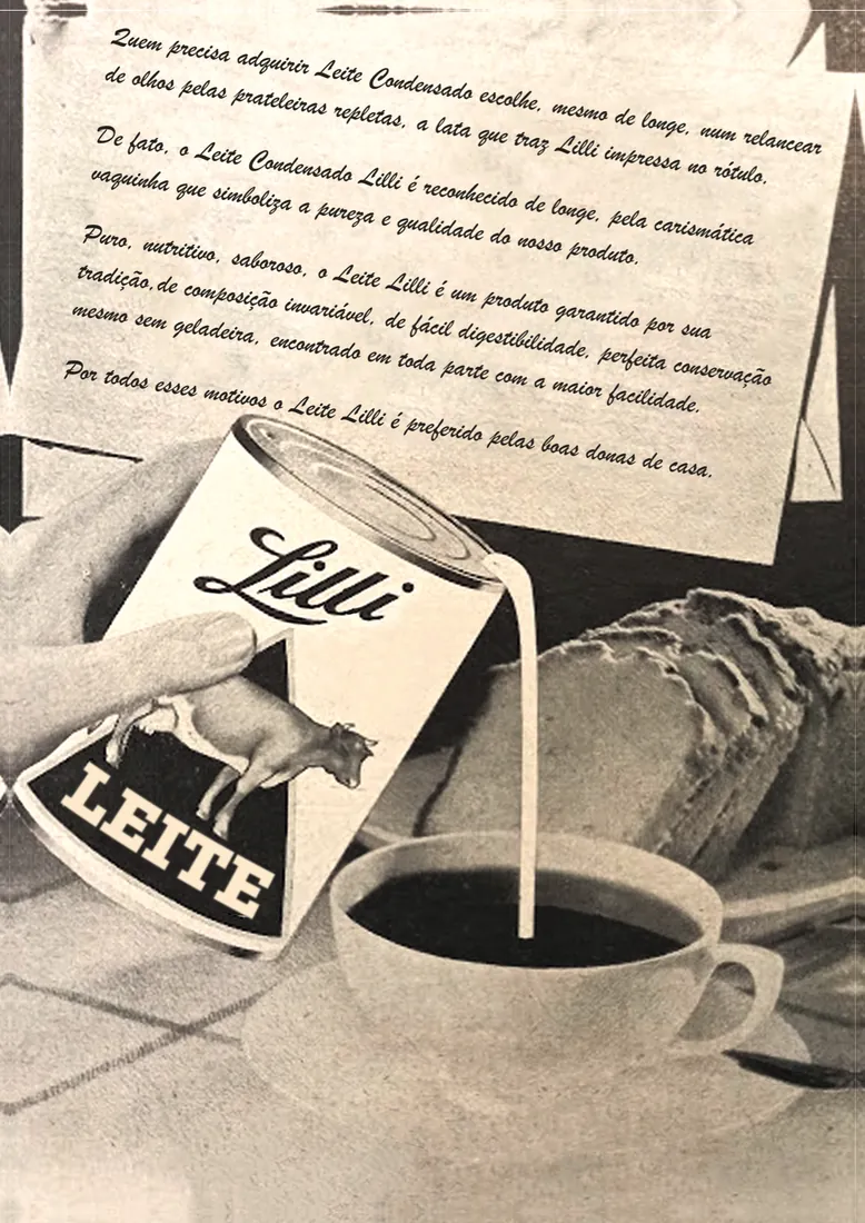 Cartaz com a lata de leite condensado Lilli derramando leite numa xícara de café