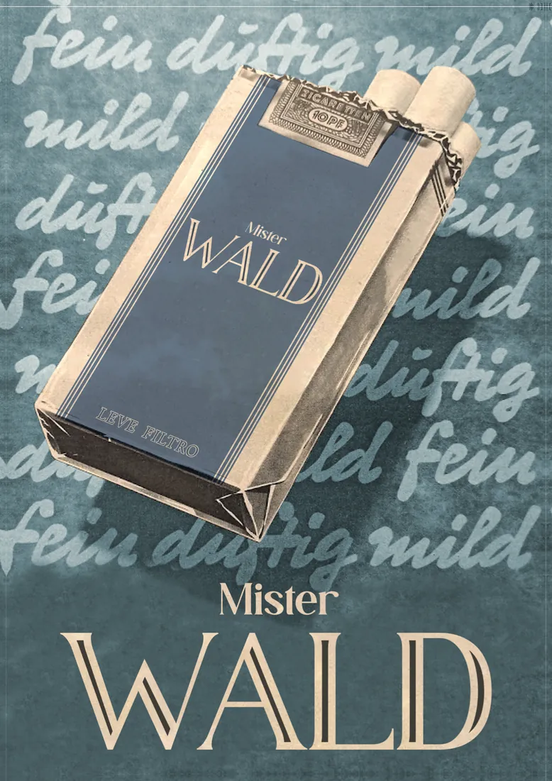 Cartaz dos cigarros Mister Wald: maço azul sobre fundo com as palavras fein, mild e duftig