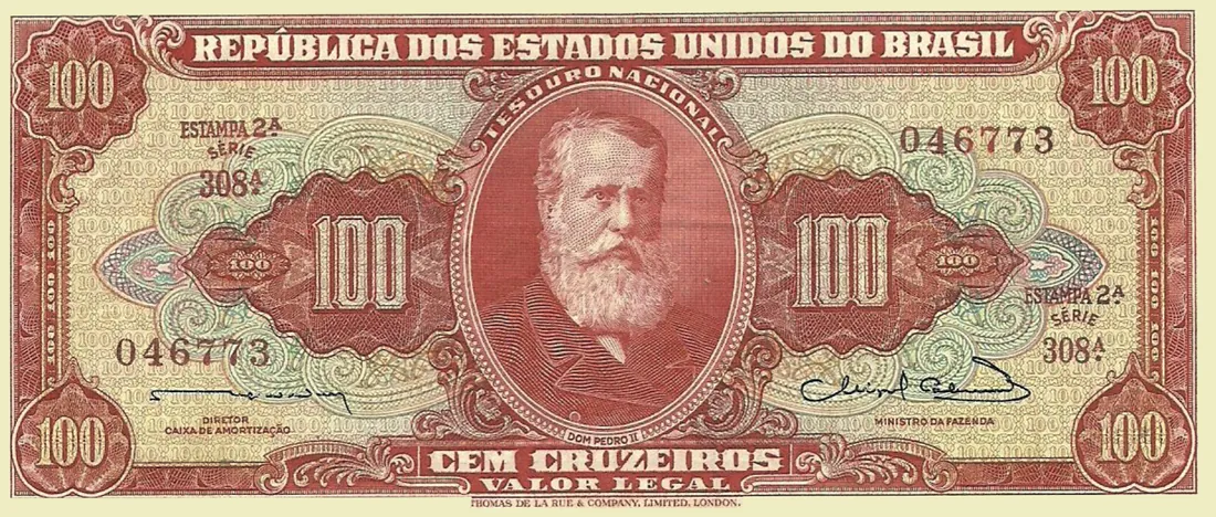 Recriação da cédula vermelha de cem cruzeiros dos anos 50, com retrato ao centro