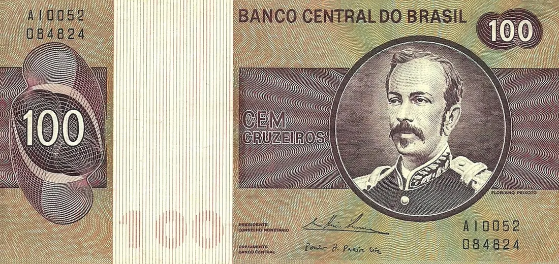 Recriação da cédula de cem cruzeiros dos anos 80, em tons de roxo e verde