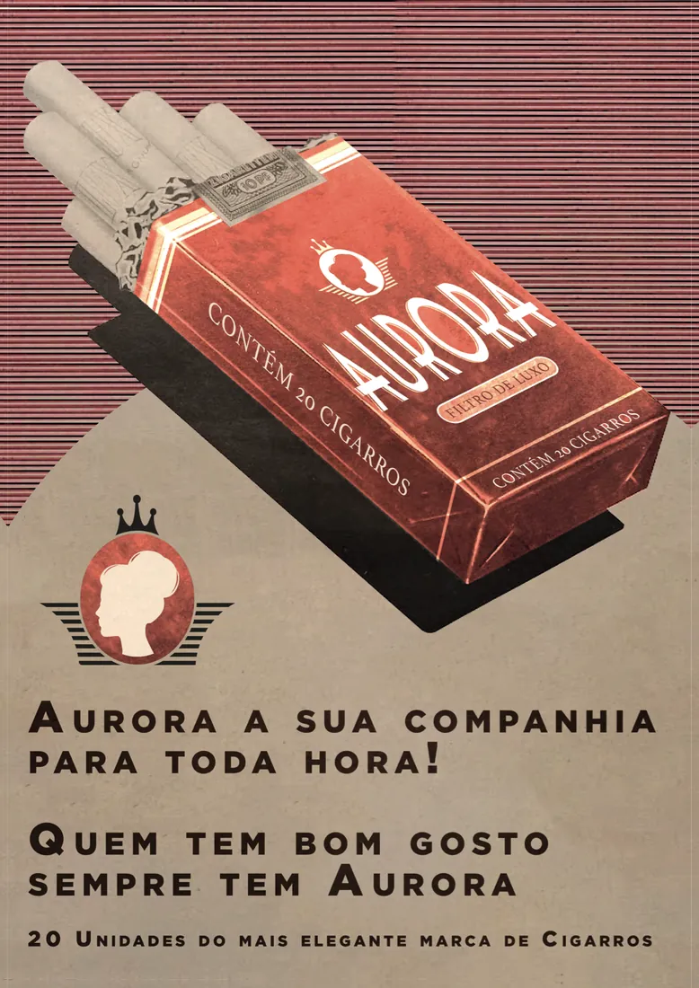 Cartaz dos anos 50 dos cigarros Aurora: maço vermelho ilustrado e brasão com perfil de mulher