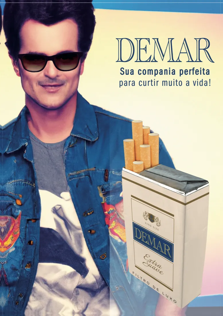 Cartaz dos anos 80 dos cigarros Demar: foto de um homem de óculos escuros e jaqueta jeans ao lado do maço
