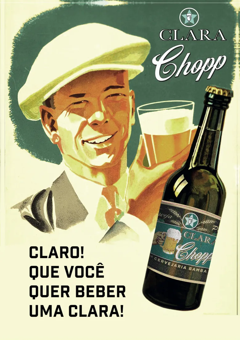 Cartaz ilustrado dos anos 50: homem de boina sorri com um copo de chope e a garrafa da Clara