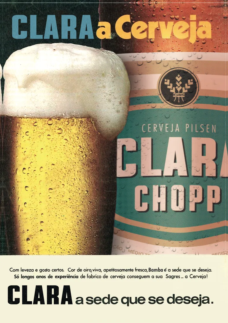 Cartaz dos anos 80: foto de um copo de cerveja espumando ao lado da lata Clara Chopp