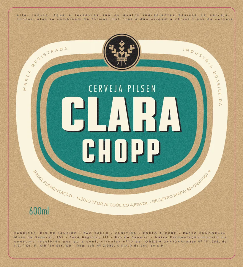 Rótulo dos anos 80 da Cerveja Clara: oval verde com Clara Chopp em letras condensadas brancas