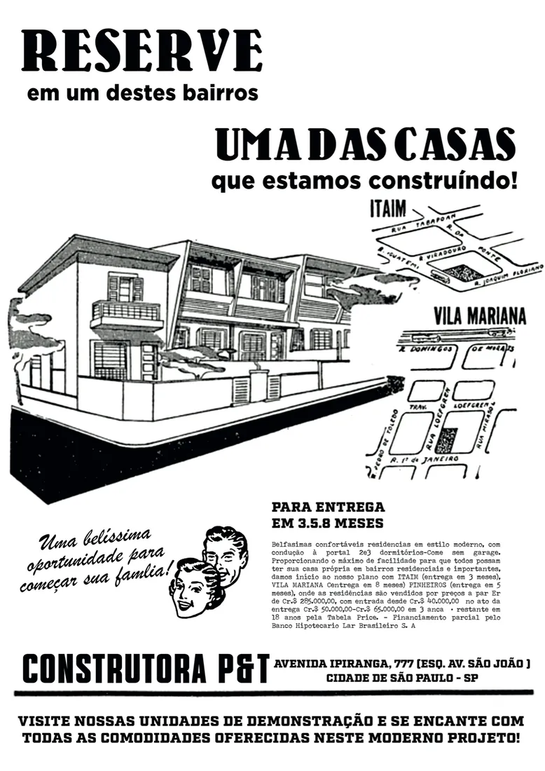 Lambe da Construtora P&T: “Reserve em um destes bairros uma das casas que estamos construindo”, com sobrado ilustrado