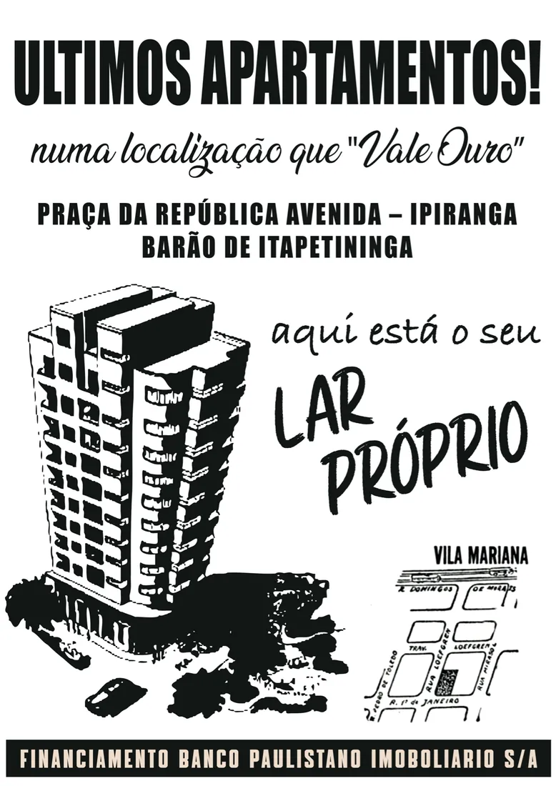 Lambe em preto e branco: “Últimos apartamentos! Numa localização que vale ouro”, com prédio ilustrado e o slogan Lar próprio