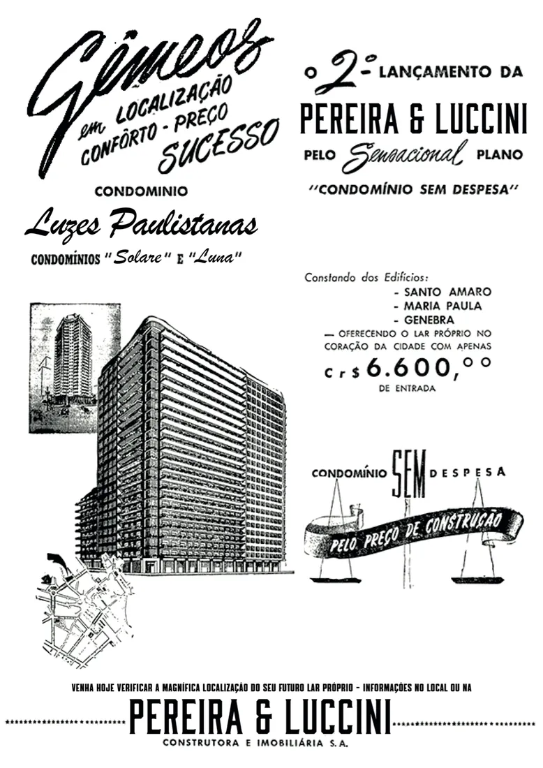 Lambe “Gêmeos: em localização, conforto, preço, sucesso”, segundo lançamento da Pereira & Luccini, com desenho de prédio