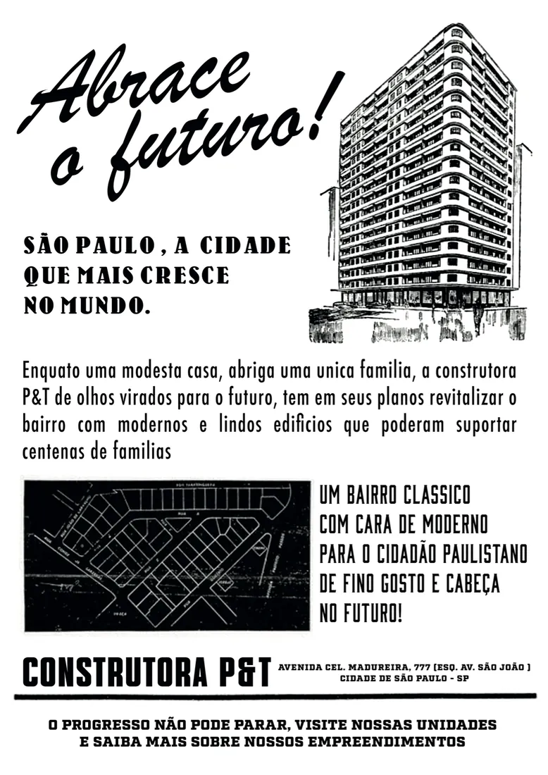 Lambe “Abrace o futuro! São Paulo, a cidade que mais cresce no mundo”, com prédio e mapa do bairro