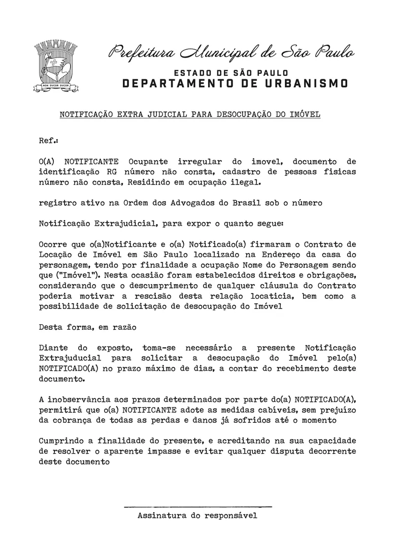 Notificação extrajudicial para desocupação de imóvel, com brasão da Prefeitura de São Paulo