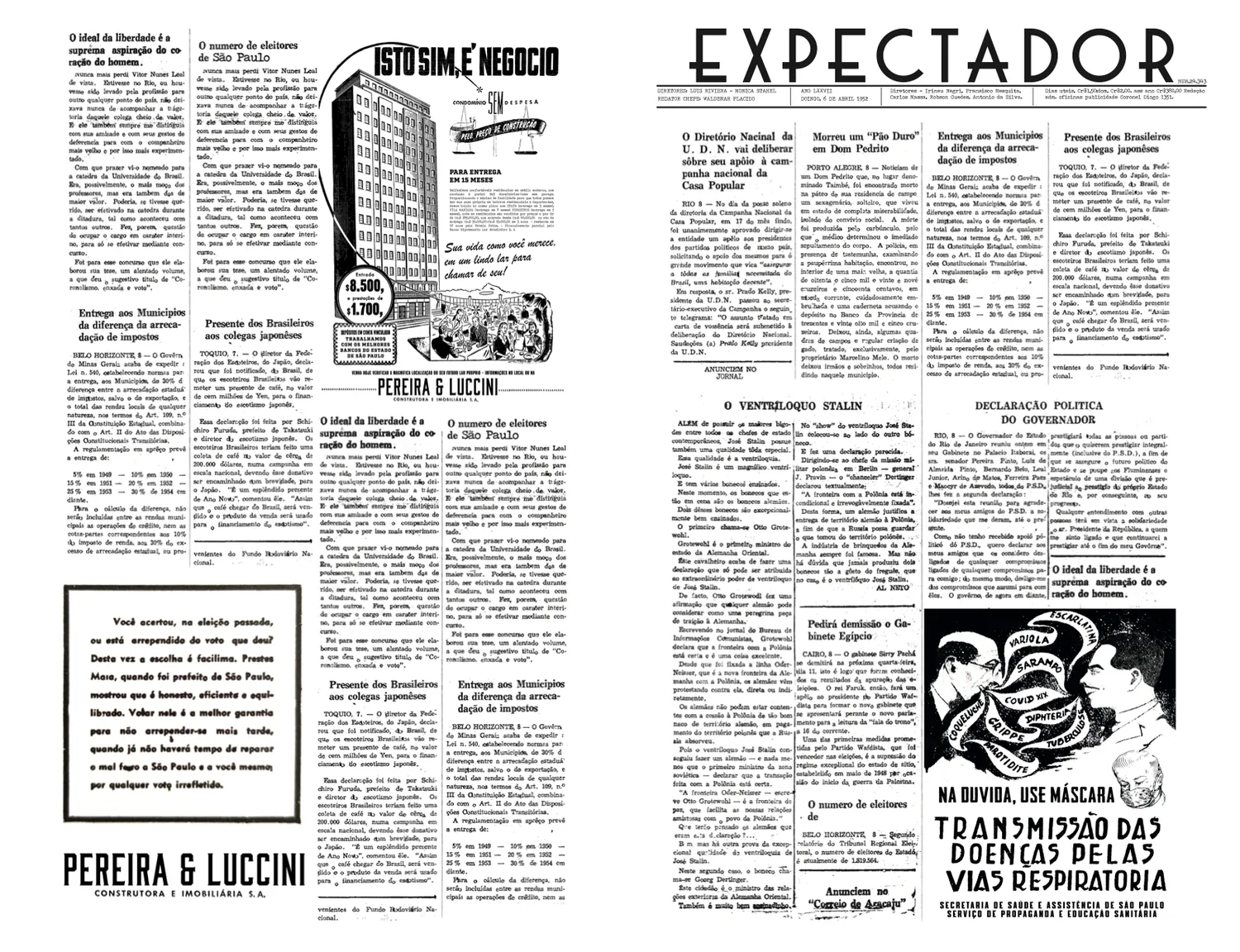 Página dupla do jornal Expectador com o anúncio Isto sim é negócio, da Pereira & Luccini
