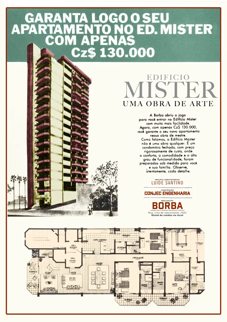 Cartaz dos anos 80 do Edifício Mister: “Garanta logo o seu apartamento”, com prédio e planta do apartamento