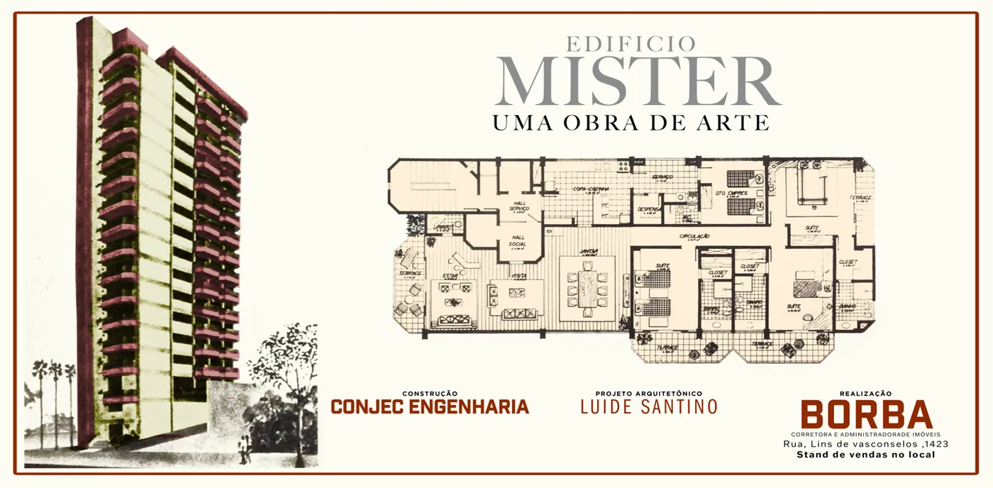 Outdoor do Edifício Mister, uma obra de arte, com prédio desenhado e planta baixa