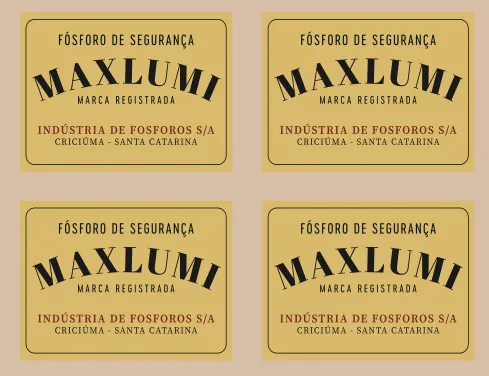 Quatro rótulos de caixa de fósforo Maxlumi, amarelo-mostarda com letras pretas em arco