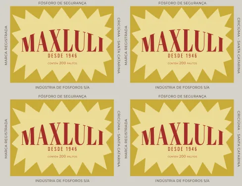 Quatro rótulos de caixa de fósforo Maxluli, com letras vermelhas sobre uma explosão amarela