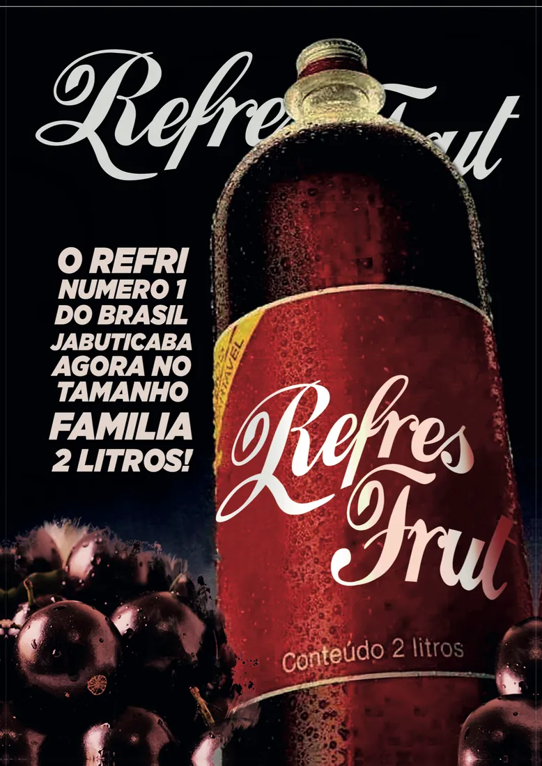 Cartaz dos anos 80 do Refres Frut: foto da garrafa plástica de 2 litros sobre jabuticabas