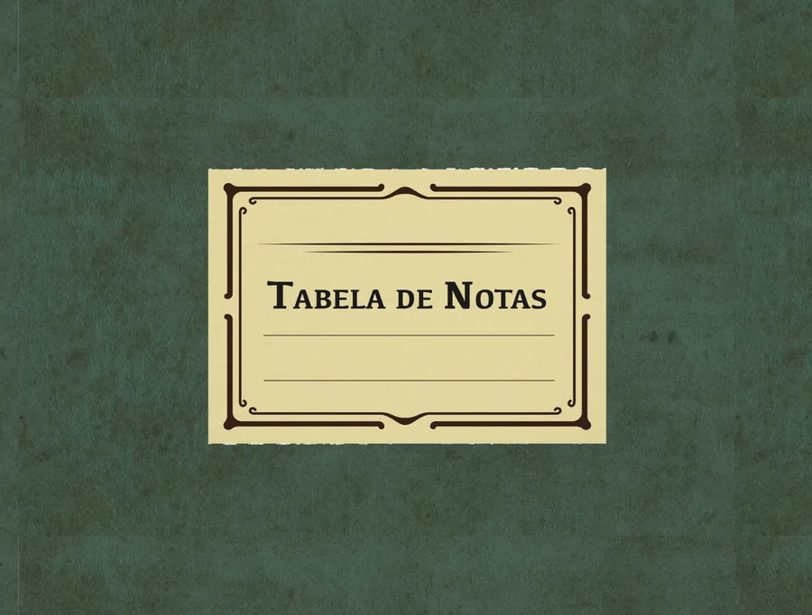 Capa verde de caderno com a etiqueta Tabela de notas