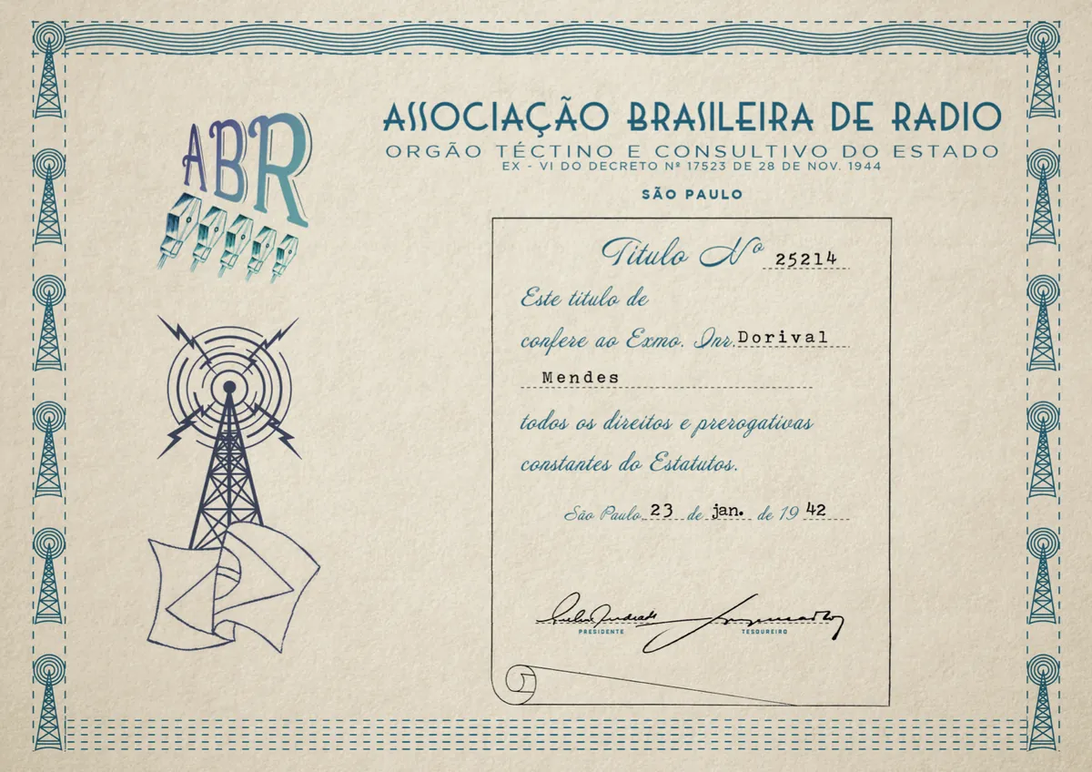 Diploma da Associação Brasileira de Rádio com torre de transmissão ilustrada