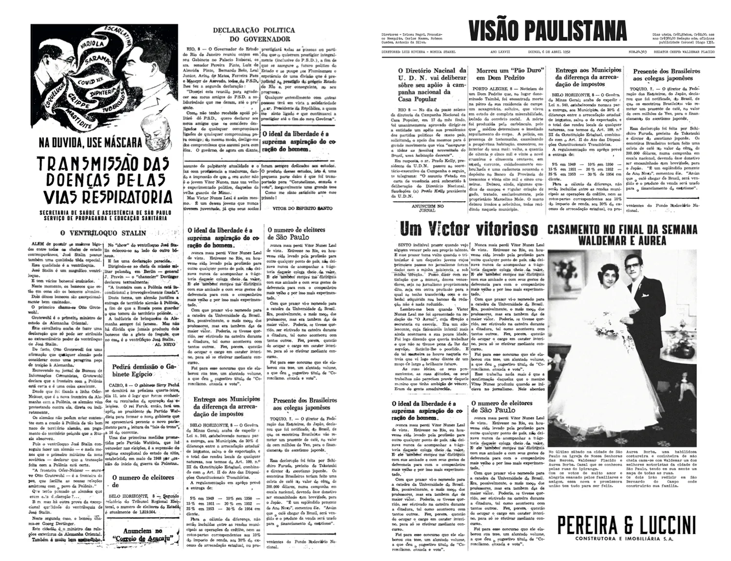 Página dupla do jornal Visão Paulistana com notícias e anúncios de época