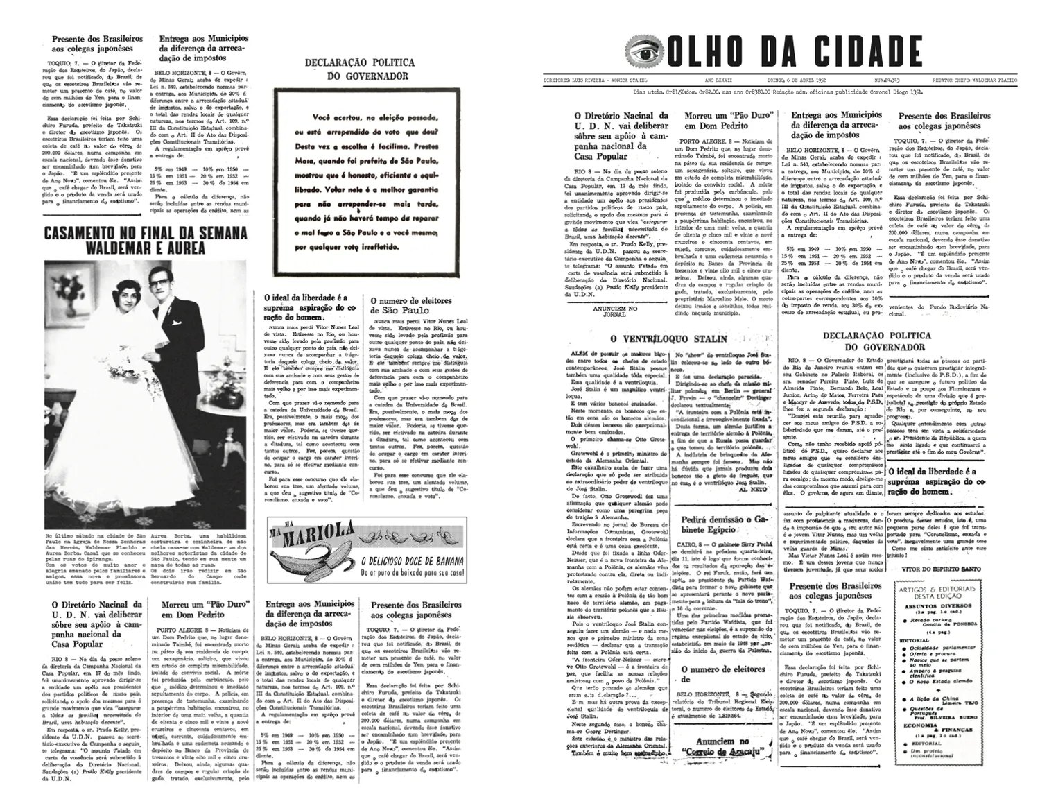 Página dupla do jornal Olho da Cidade com foto de casamento
