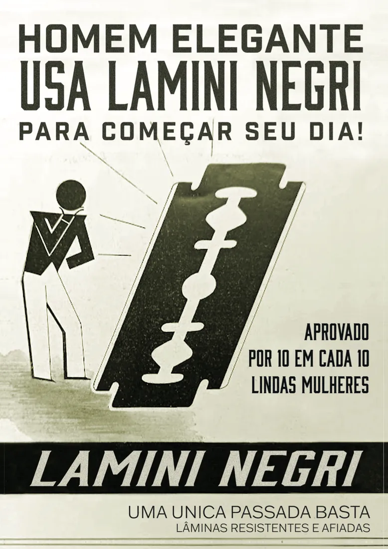 Anúncio: Homem elegante usa Lamini Negri, com lâmina de barbear