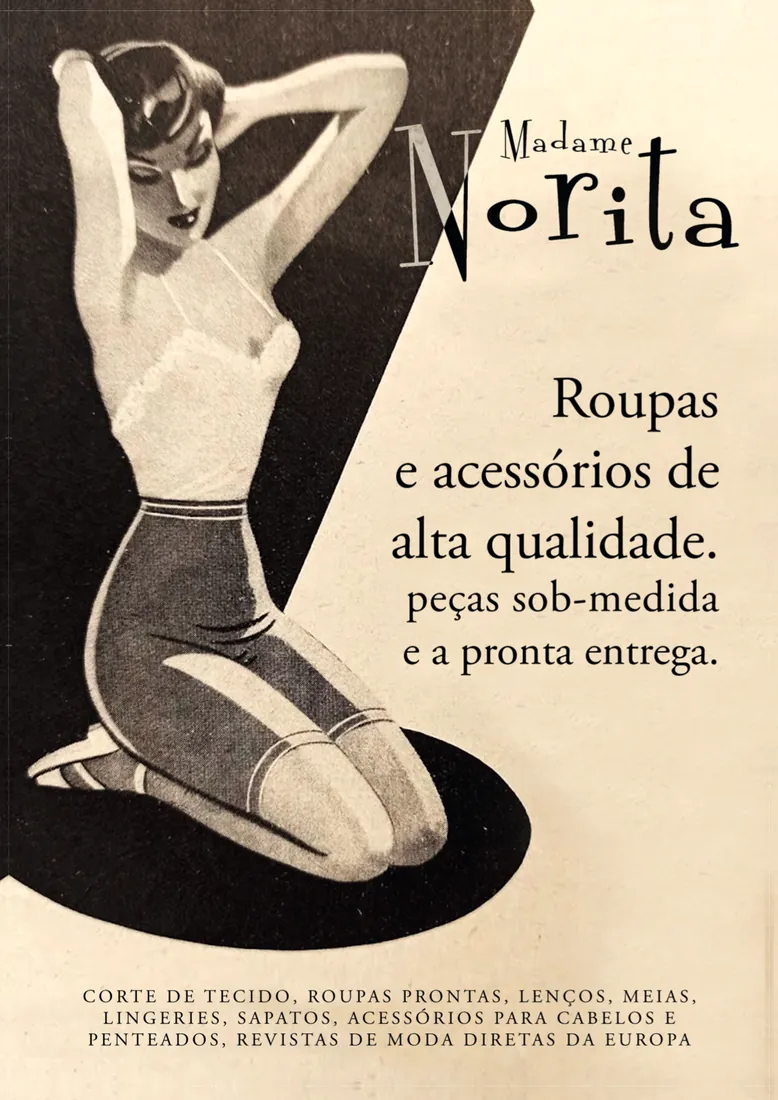 Anúncio da loja Madame Norita com mulher de lingerie