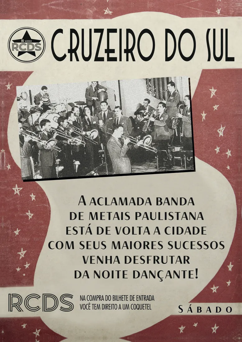 Cartaz vermelho da banda de metais Cruzeiro do Sul com foto antiga dos músicos