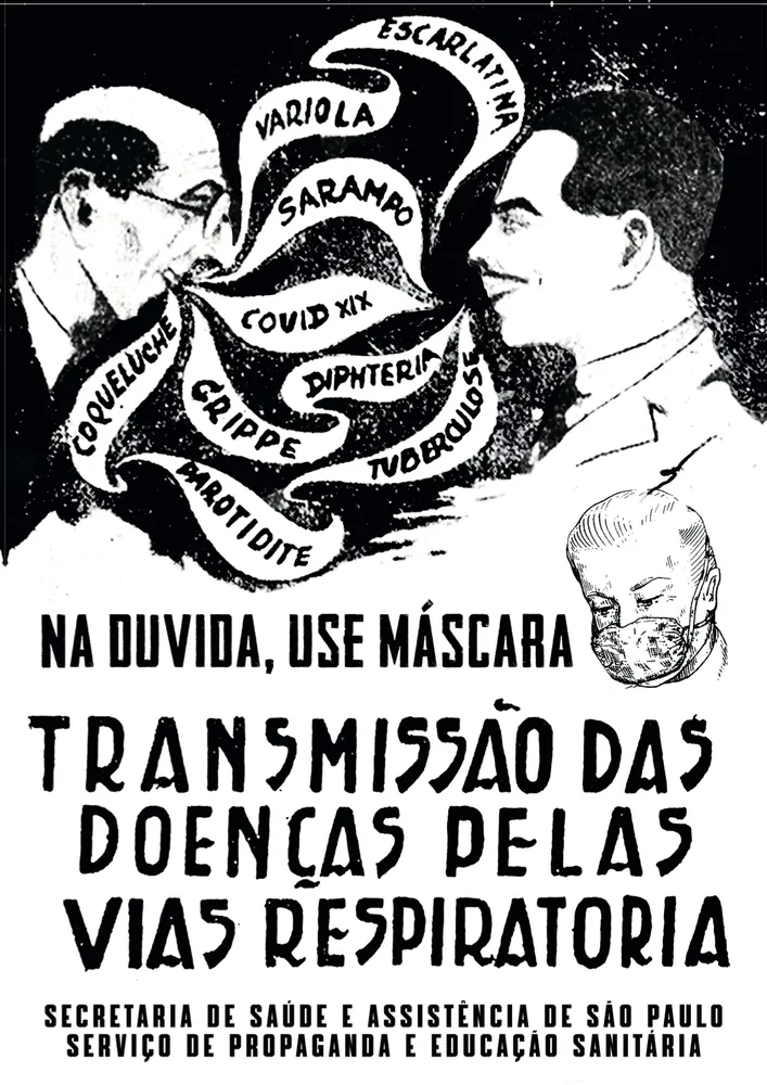 Aviso em preto e branco: Na dúvida, use máscara. Transmissão das doenças pelas vias respiratórias