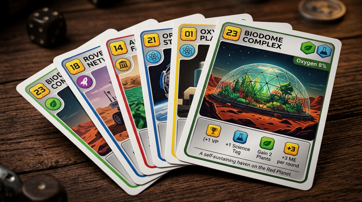 Render fotográfico de estúdio das novas cartas de Terraforming Mars Re-Engineered em cascata com margem de splay de 18mm